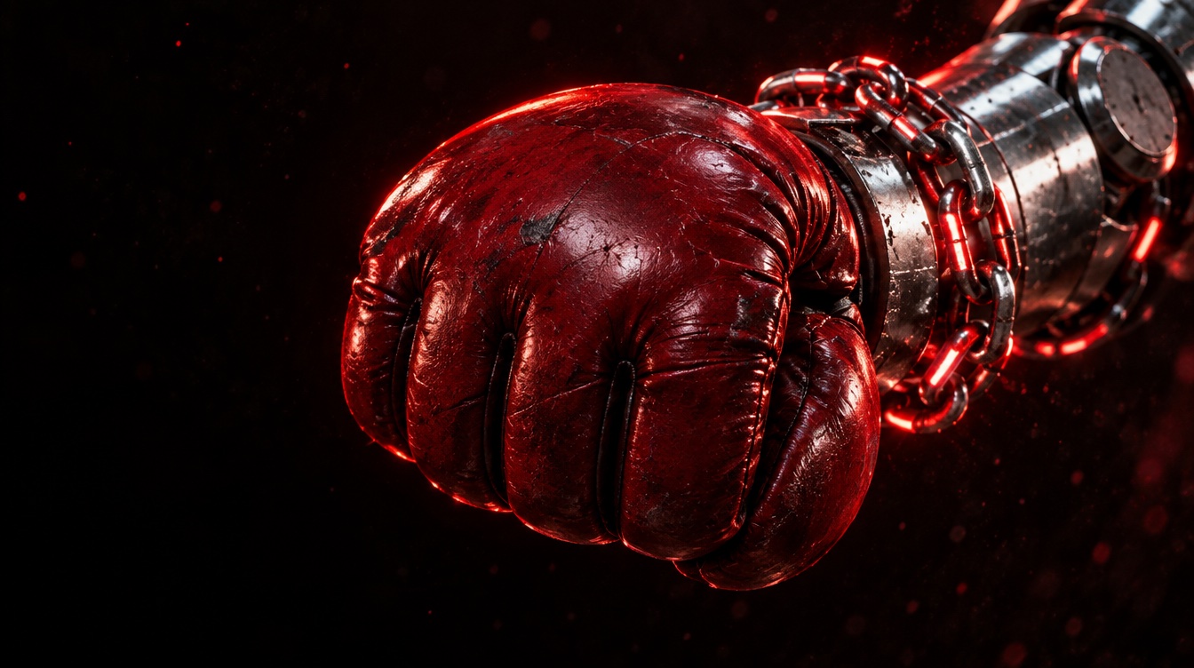 A red boxing glove on a chained steel arm